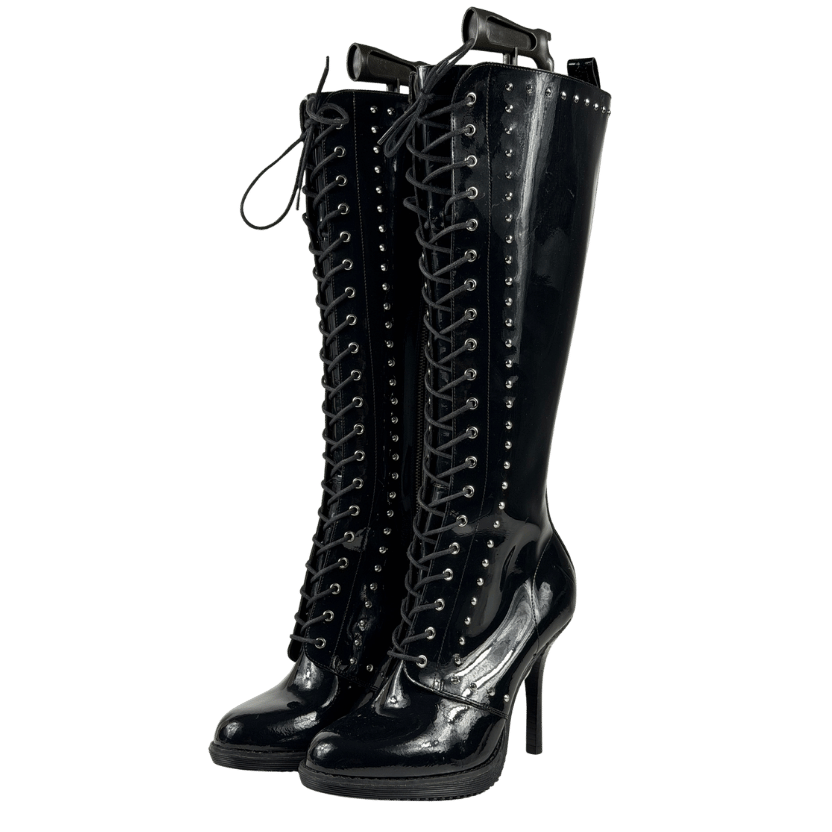 DR MARTENS Dreama Studded Knee High Black Patent Leather Boots UK 7 EU 40 👠