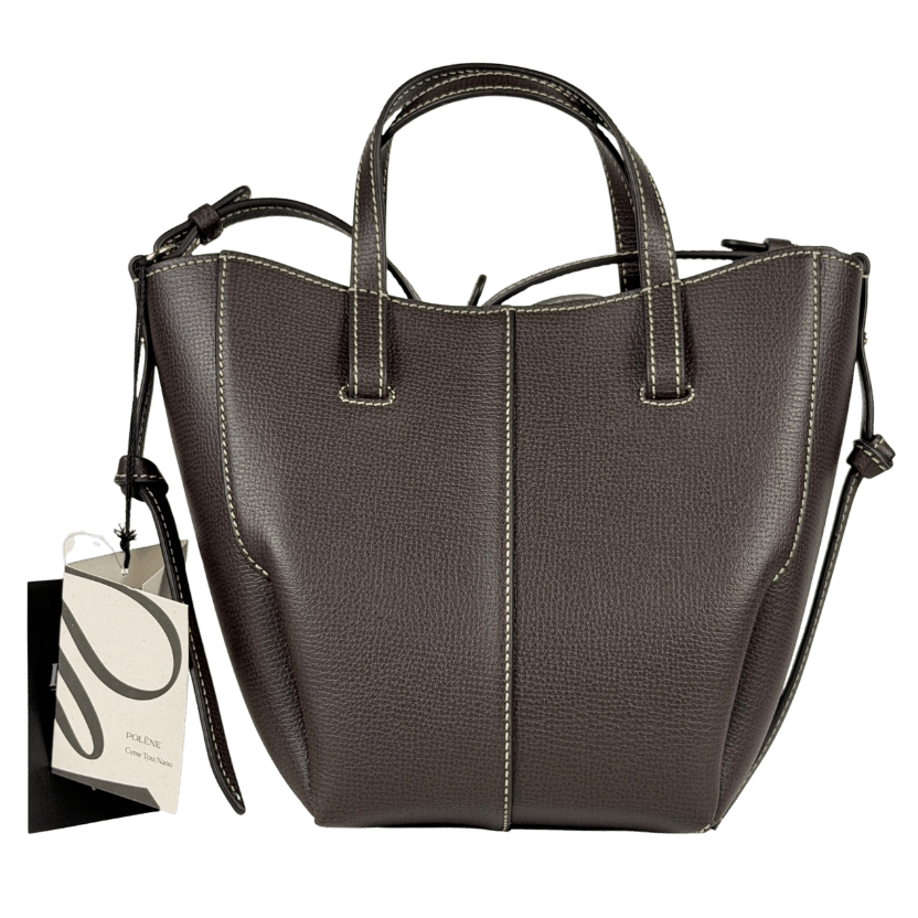 POLENE Dark Brown Textured Leather Cyme Nano Tote With Crossbody Strap