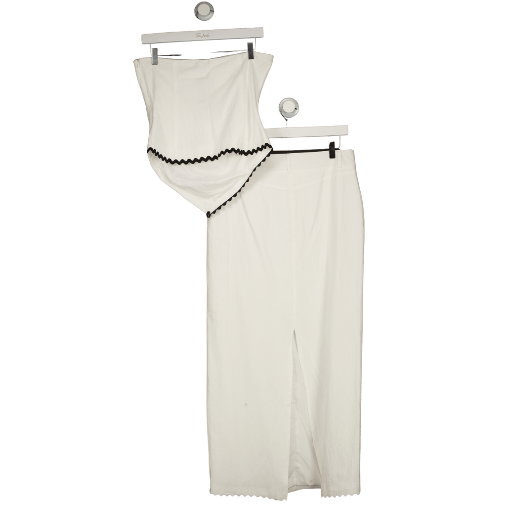 4th & Reckless White Linen Look Bandeau Envelope Hem Contrast Scallop Trim Top (uk 8)  And Maxi Skirt (uk 10) Co-ord Set UK S/M