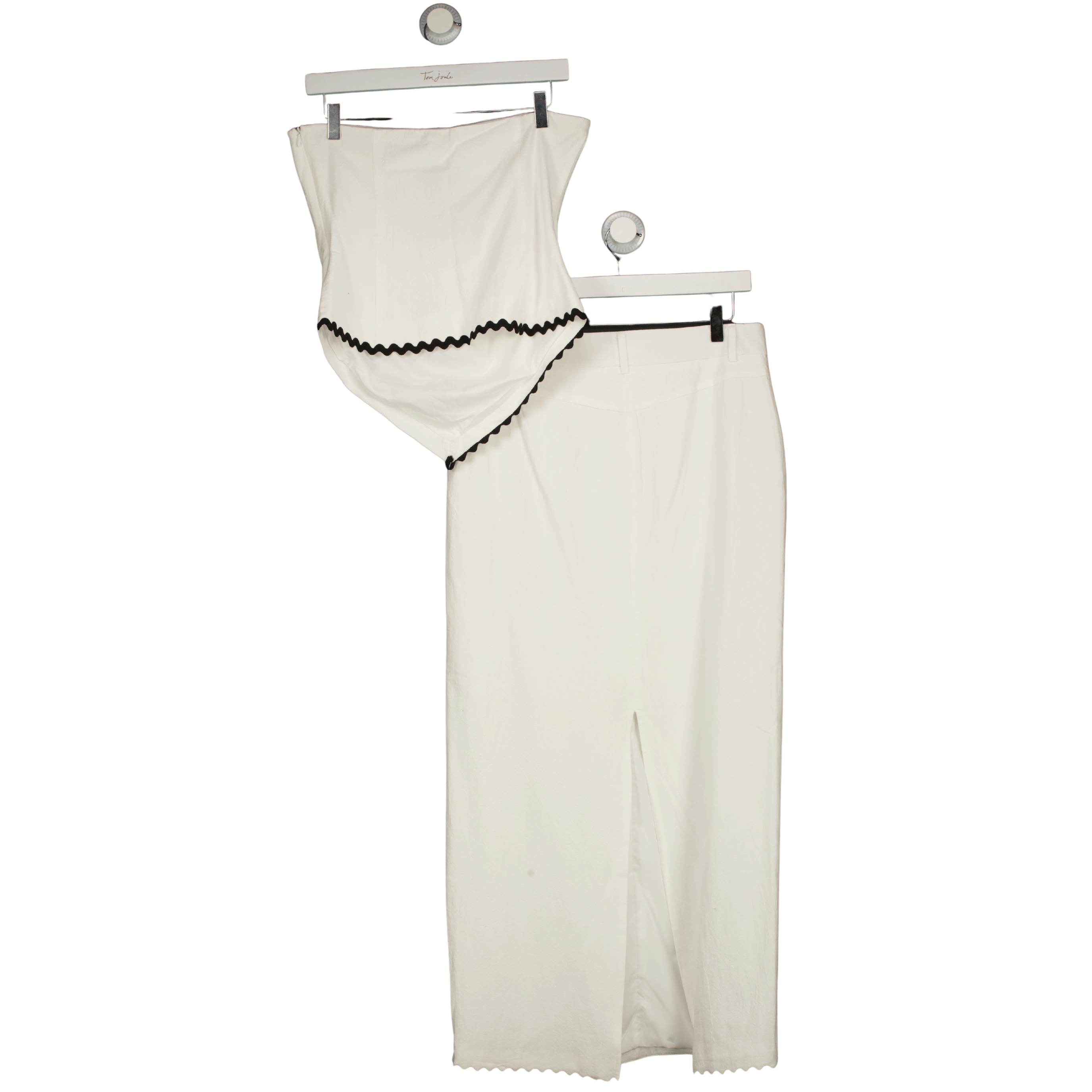 4th & Reckless White Linen Look Bandeau Envelope Hem Contrast Scallop Trim Top (uk 8)  And Maxi Skirt (uk 10) Co-ord Set UK S/M