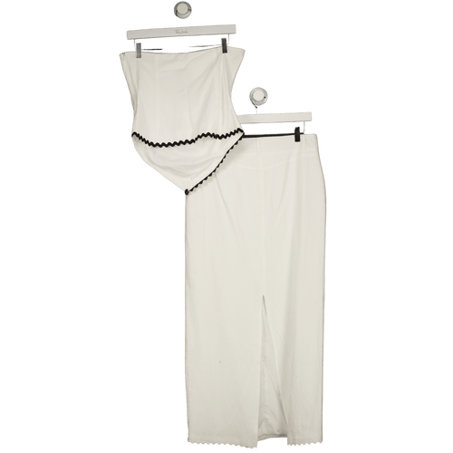 4th & Reckless White Linen Look Bandeau Envelope Hem Contrast Scallop Trim Top (uk 8)  And Maxi Skirt (uk 10) Co-ord Set UK S/M