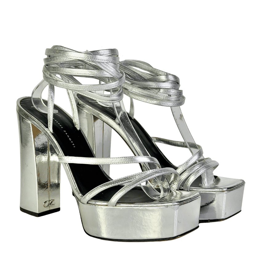 Giuseppe Zanotti Silver Flavienne Mirrored-leather Platform Sandals UK 8 EU 41 👠