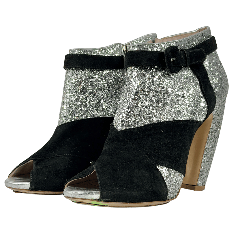 MIU MIU Black / Silver Runway Collection Glitter Suede Peep-toe Ankle Boots UK 8 EU 41 👠