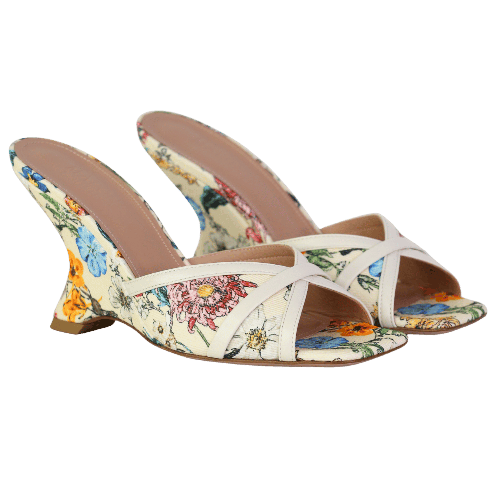 Malone Souliers Perla 85mm Canvas Wedge Sandals In Floral Cream UK 4 EU 37 👠
