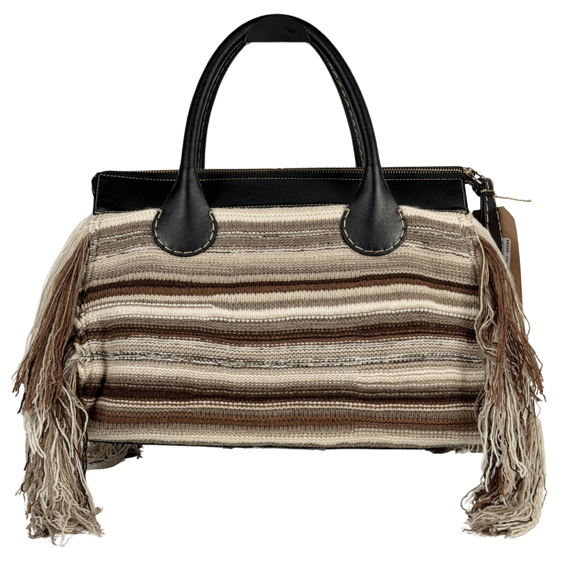 CHLOE Brown Edith Large Fringe-trimmed Striped Cashmere And Leather Tote Bag