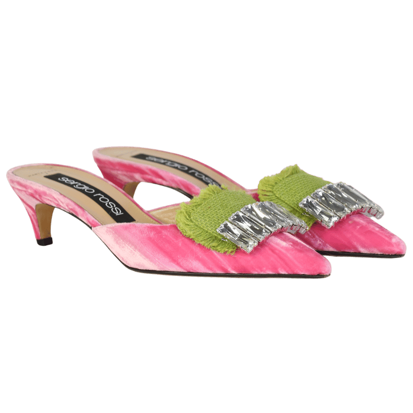 Sergio Rossi X Marta Ferri Pink Velvet Embellished Mules UK 6 EU 39 👠