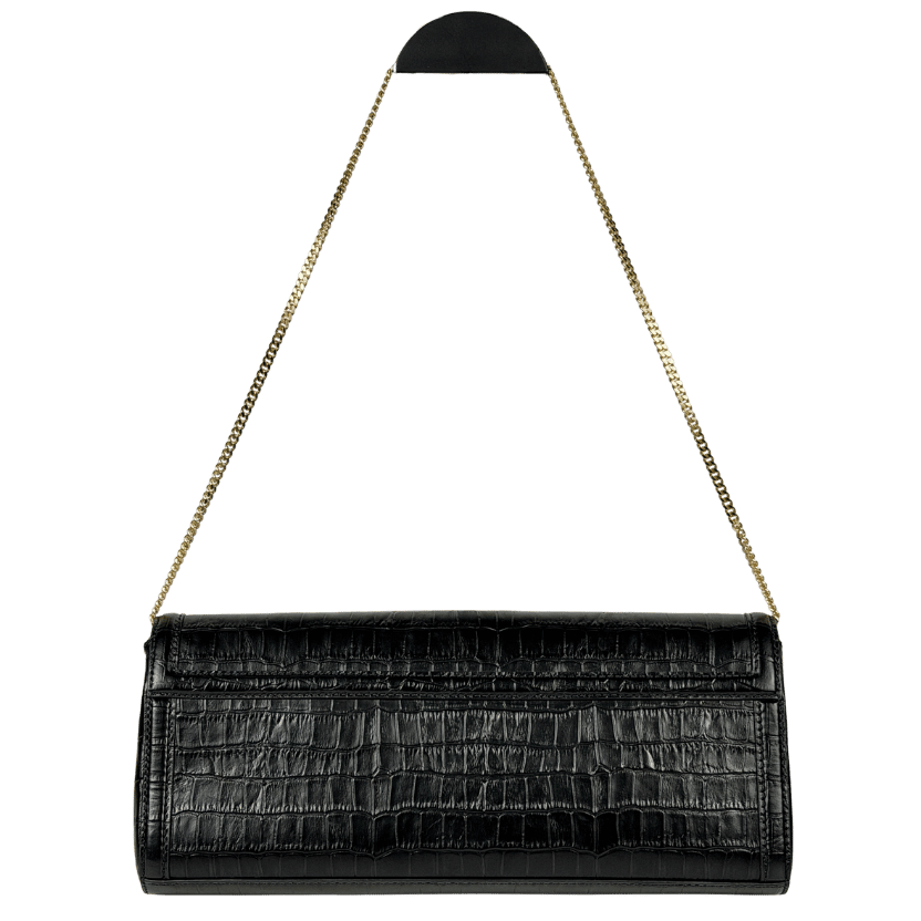 DEMELLIER Paris Clutch in black croc-effect leather with gold chain strap