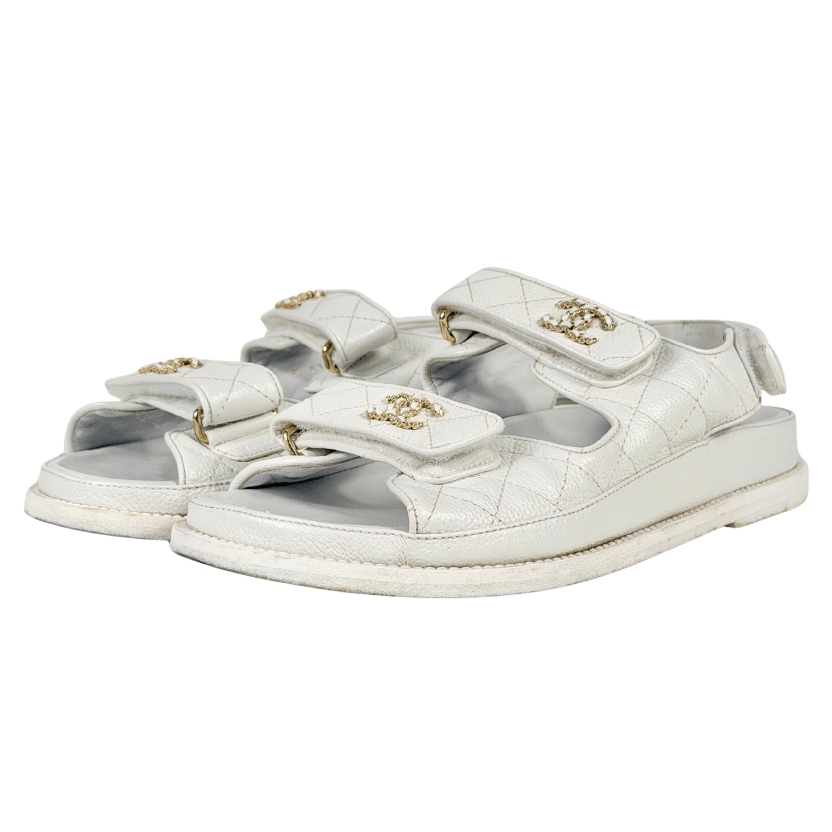 CHANEL White Quilted Caviar Leather Dad CC Logo Flat Sandals UK 5 EU 38 👠