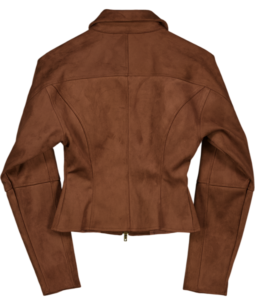 SOHO WARDROBE Double Zip Cinched Suede Bomber Jacket - Mocha Brown UK 8