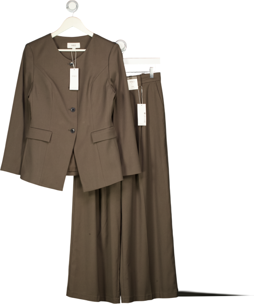 M&S Brown 2-piece Collarless Blazer & Pleated Wide Leg Trousers Set - Mole UK 10