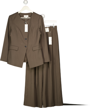 M&S Brown 2-piece Collarless Blazer & Pleated Wide Leg Trousers Set - Mole UK 10
