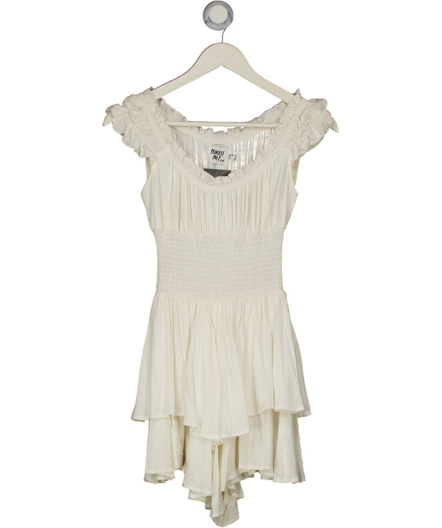 PRINCESS POLLY White Swiss Dot Shirred Waist Mini Dress UK 4
