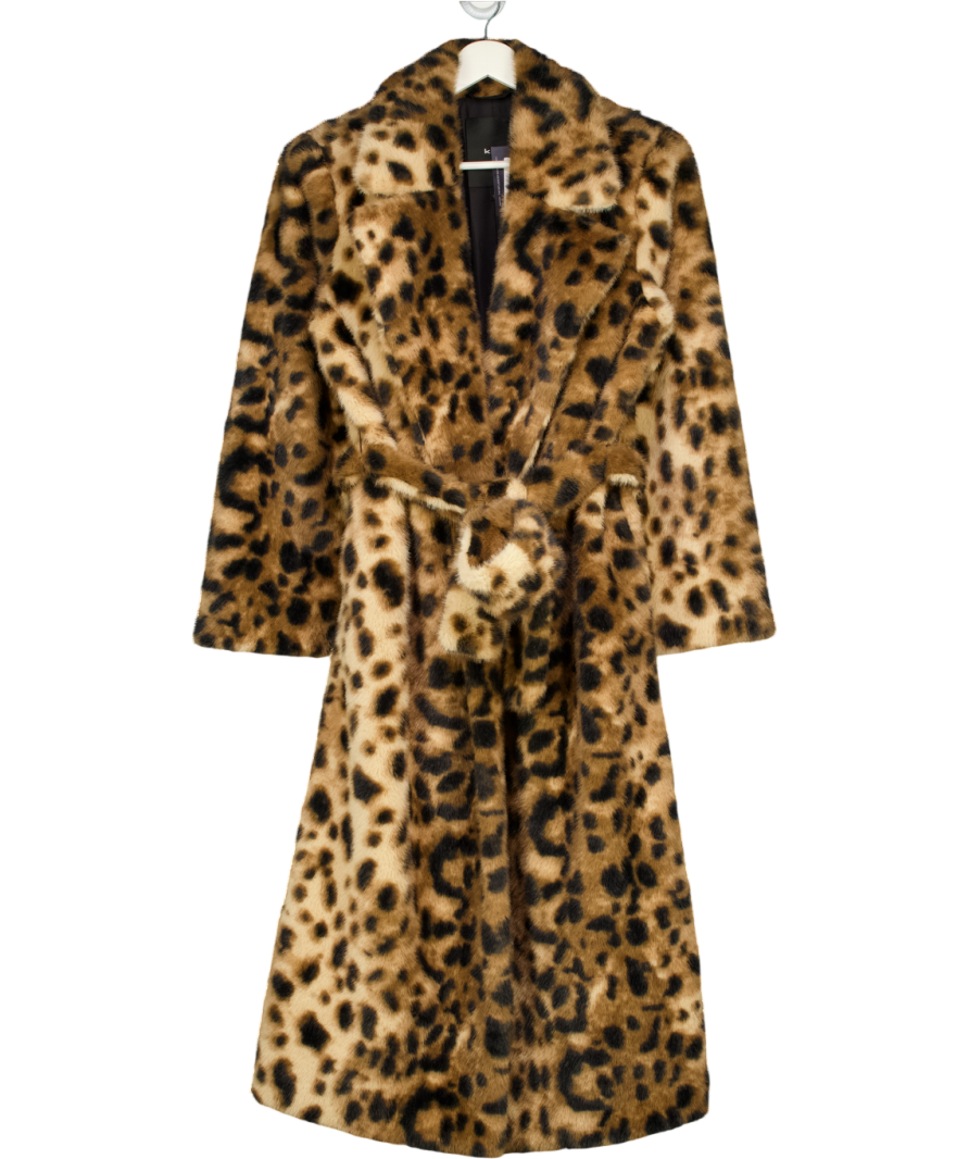 KHY BY KYLIE JENNER Brown Signature Leopard Faux Fur Coat UK XS