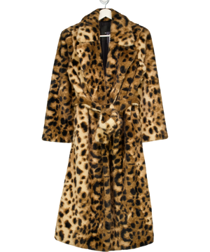 KHY BY KYLIE JENNER Brown Signature Leopard Faux Fur Coat UK XS