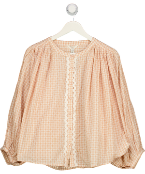 RIVER ISLAND Pink Peach Check Scallop Trim Puff Sleeve Blouse UK 12