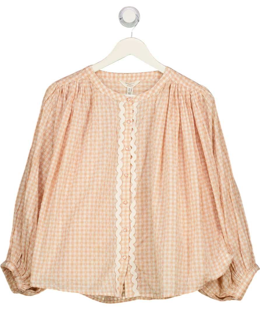 RIVER ISLAND Pink Peach Check Scallop Trim Puff Sleeve Blouse UK 12