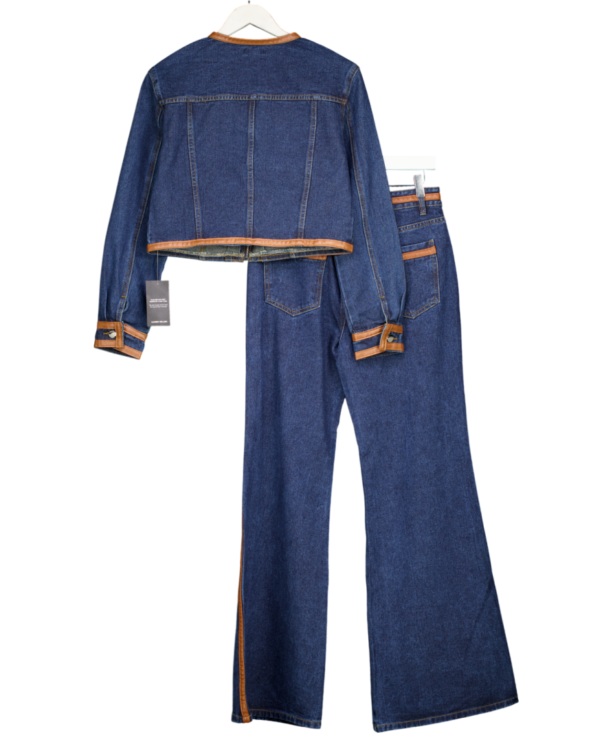 Karen Millen 2-piece Blue Denim & Faux Leather Skinny Flare Jean And Cropped Jacket UK 10