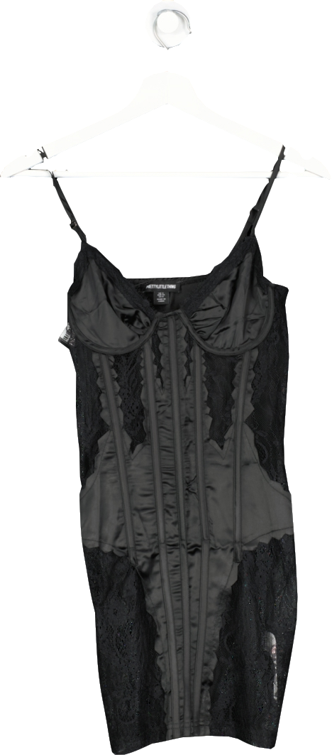 PrettyLittleThing Black Satin Corset Detail Lace Panel Bodycon Dress UK 4