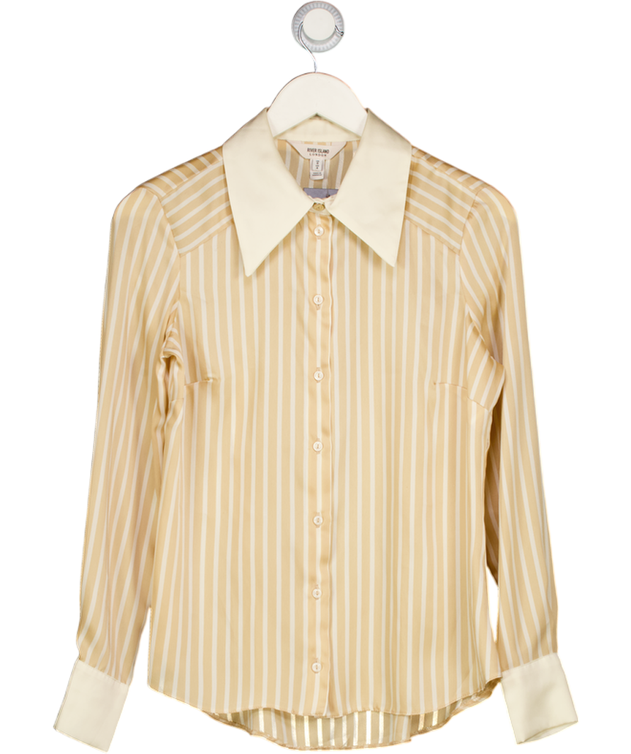 RIVER ISLAND Cream  / Camel Striped Satin Long Sleeve Shirt UK 8