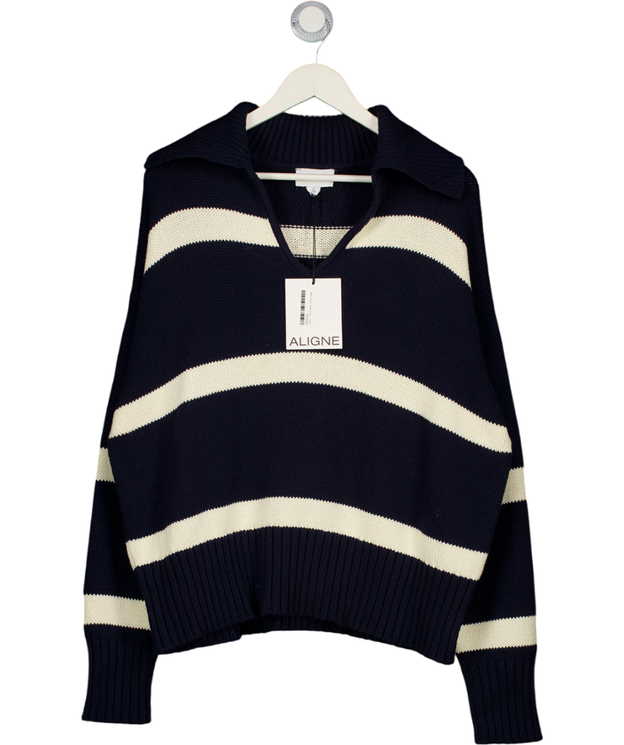 ALIGNE Navy Blue / Ivory Demitris Cotton Knit Jumper UK L