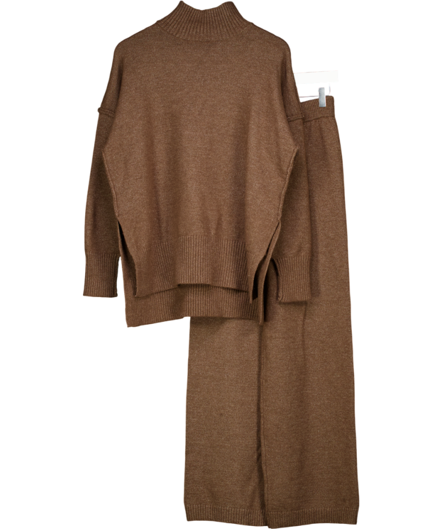 COMMENSE Brown Plain Turtleneck Knit Jumper And Trouser  Set UK XS