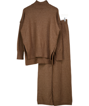 COMMENSE Brown Plain Turtleneck Knit Jumper And Trouser  Set UK XS