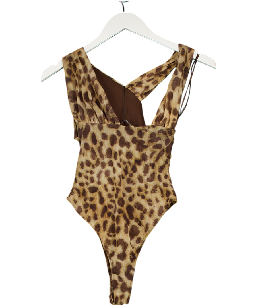 ZARA Beige Leopard Mesh Asymmetric Bodysuit UK S