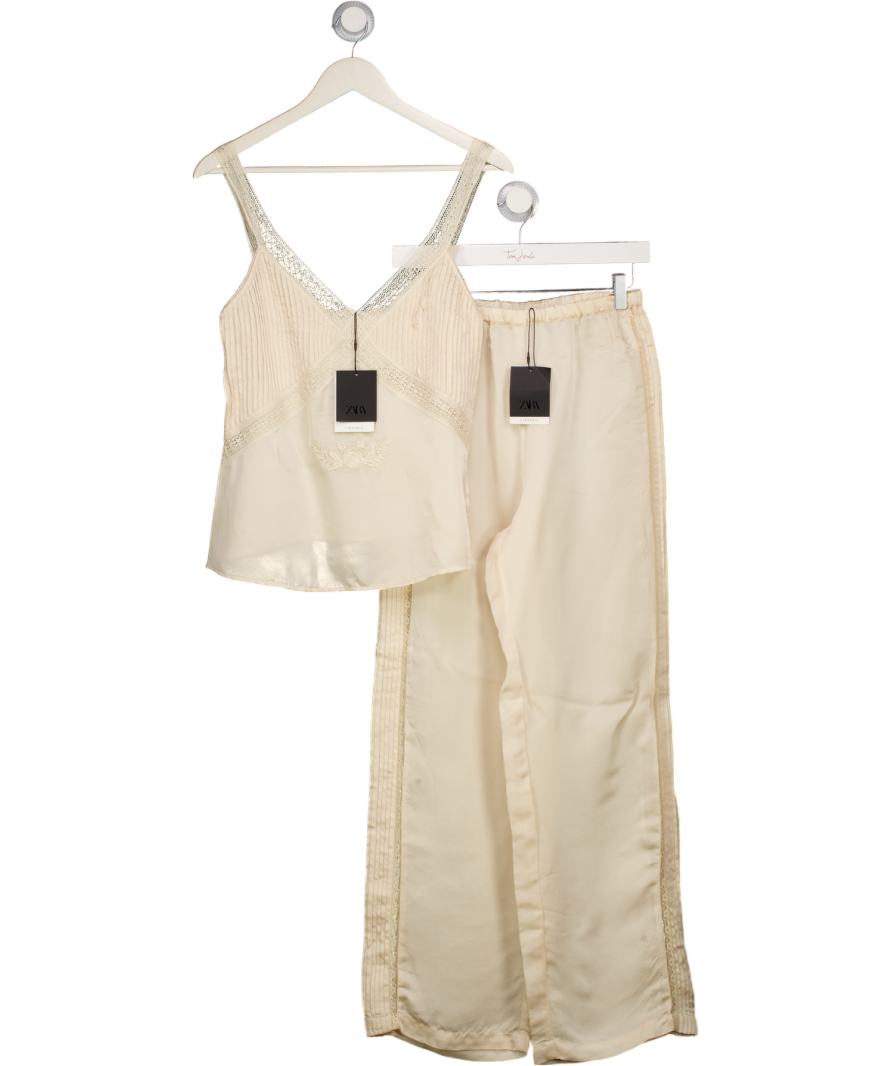 ZARA 2-piece Cream Satin Embroidered Top & Trousers Set With Lace Details UK S/M