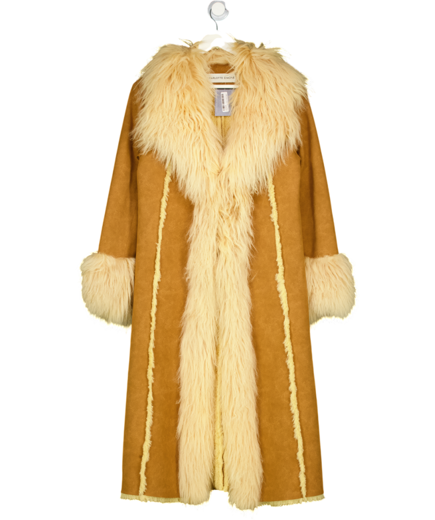 CHARLOTTE SIMONE Indie 70's Tan Brown Lambskin Shearling Trim Longline Coat UK S