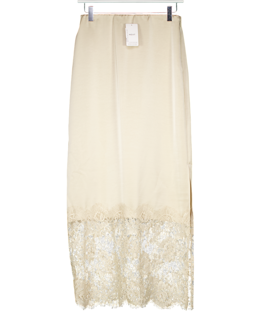NEXT Champagne Beige Satin Midi Skirt With Lace Trim UK 8