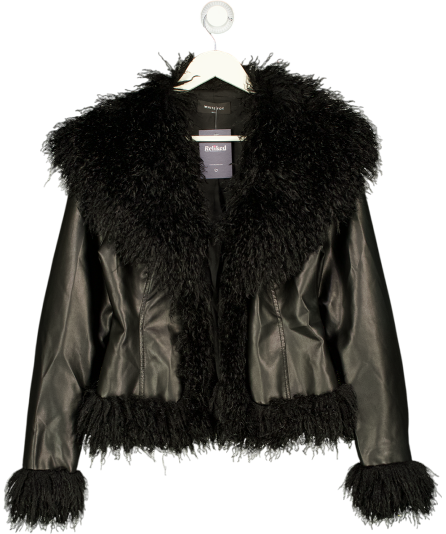 WHITE FOX Black Faux Leather Fur Trim Jacket UK M/L