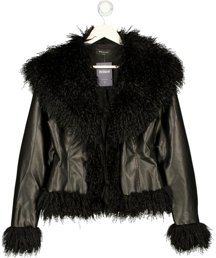 WHITE FOX Black Faux Leather Fur Trim Jacket UK M/L