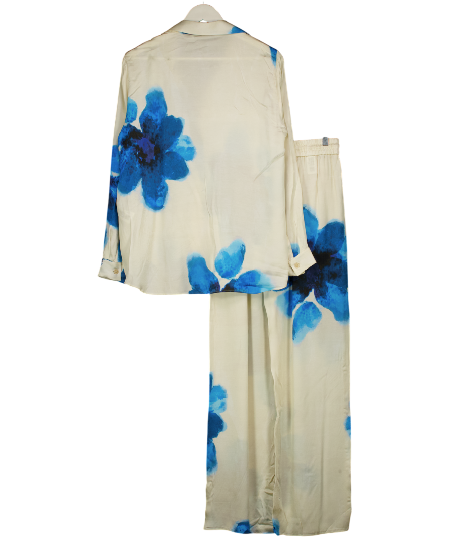 ZARA 2-piece Cream / Blue Sloral Satin Oversize Shirt And Wide Leg Trouser Set UK S/M