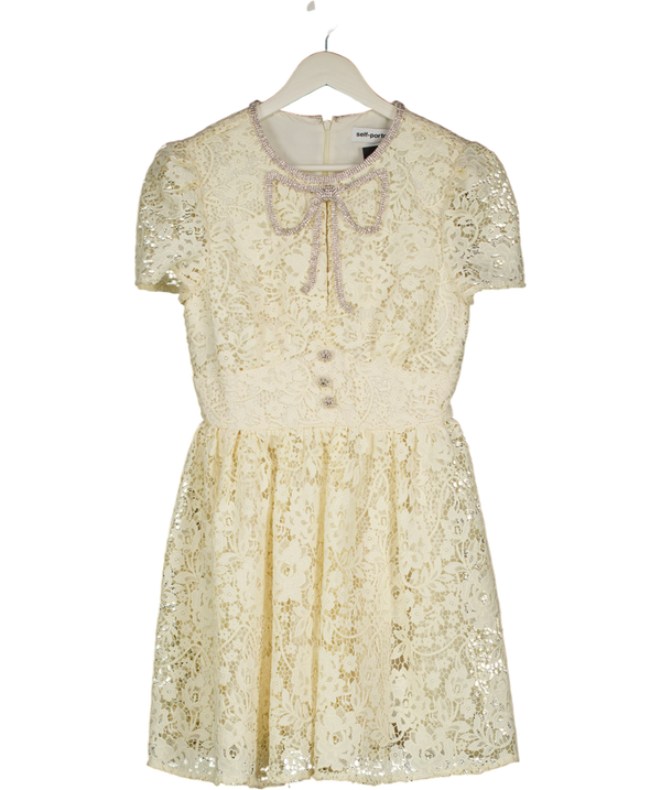 SELF PORTRAIT Cream Embellished Crystal Bow Guipure Lace Mini Dress UK 10