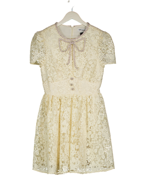 SELF PORTRAIT Cream Embellished Crystal Bow Guipure Lace Mini Dress UK 6