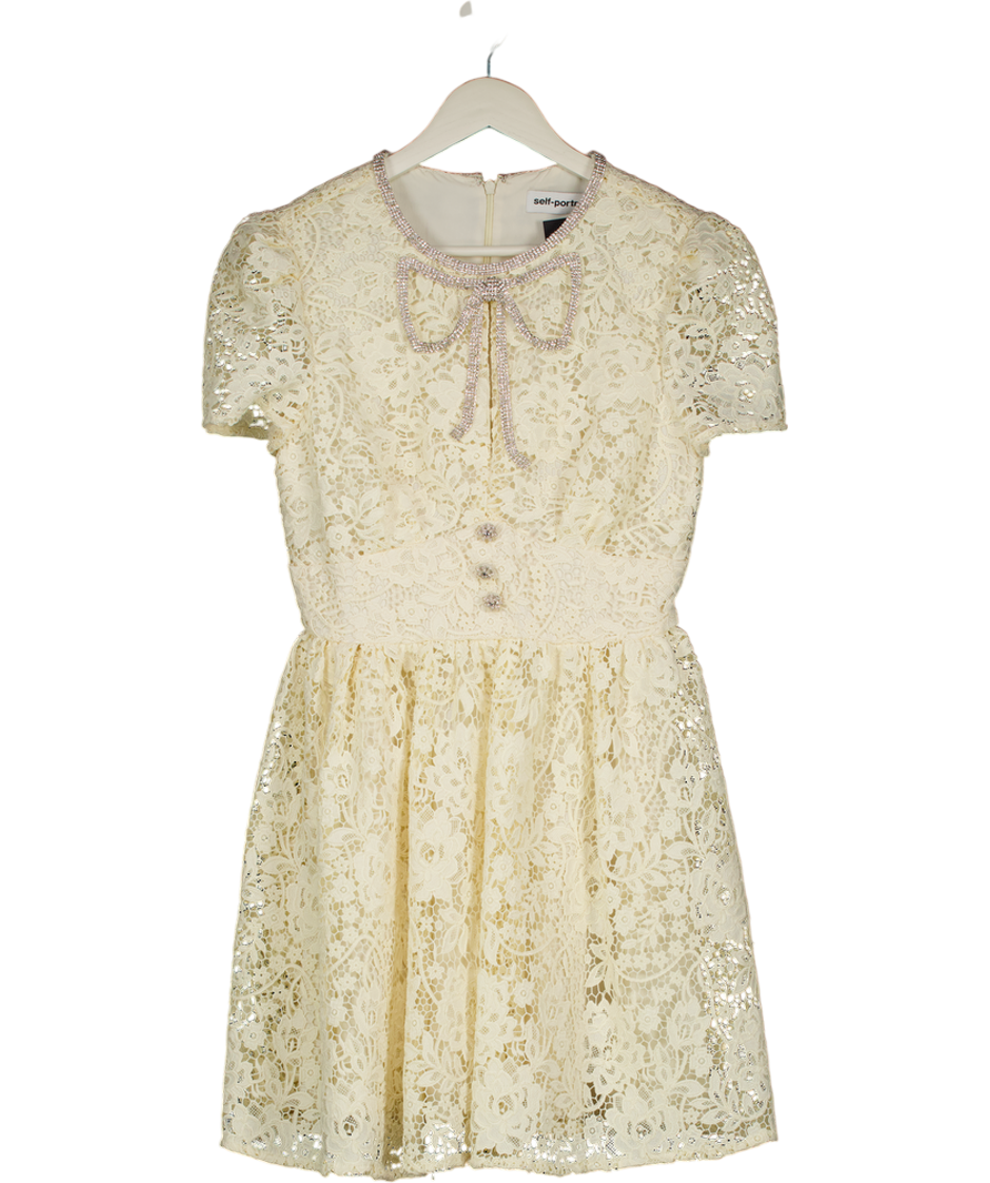 SELF PORTRAIT Cream Embellished Crystal Bow Guipure Lace Mini Dress UK 6