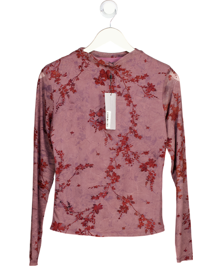 French Connection Purple High Neck Long Sleeve Floral Mesh Top UK S
