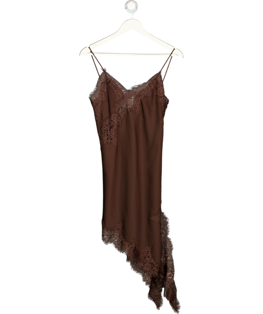 ZARA Chocolate Brown Asymmetric Satin & Lace Slip Dress UK XS