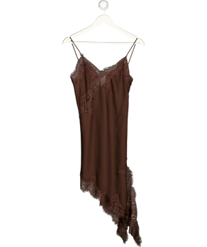 ZARA Chocolate Brown Asymmetric Satin & Lace Slip Dress UK XS