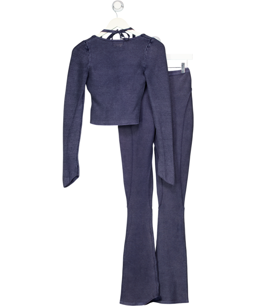 YAGI Blue Zia Knit Leggings Long Sleeve Top And Bralette Set UK S