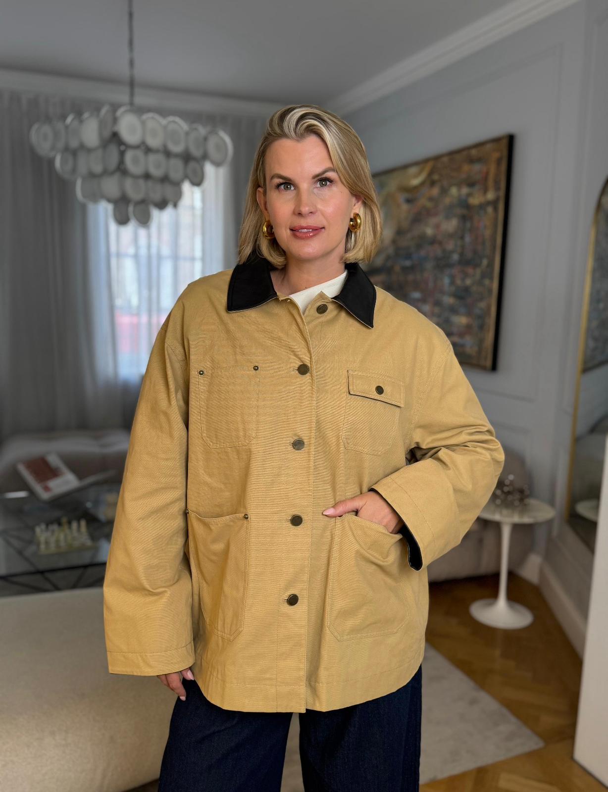 Fabrique X Sang Hee Chun Beige Claire Leather Trim Utility Jacket In Cotton Canvas UK M