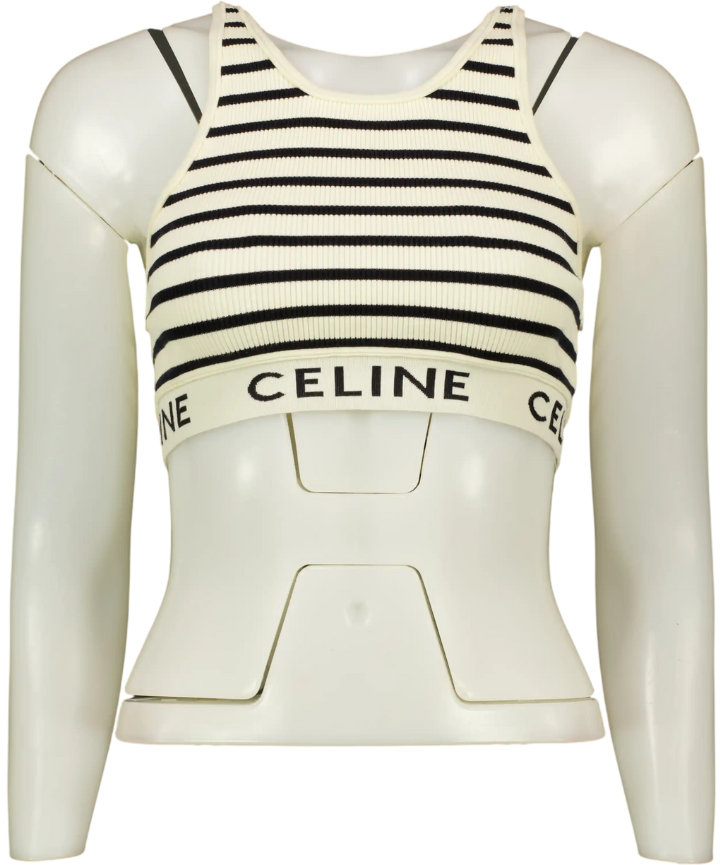 CELINE PARIS Cream And Black Striped Athletic-rib Crop Top UK S