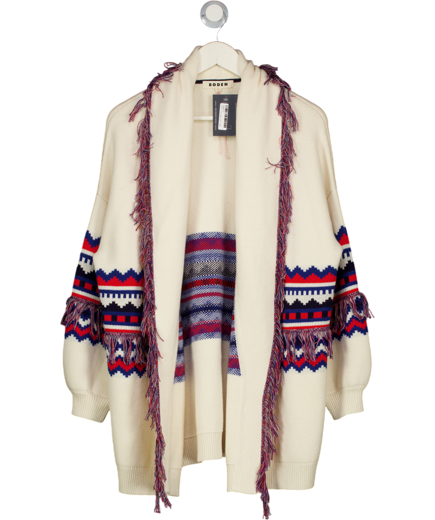 BODEN Fringed Jacquard Cardigan Warm Cream Melange UK M