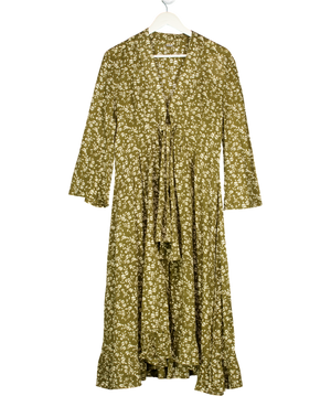 DODO BAR OR Olive Green / Cream Floral Knot Front Midi Dress UK 12