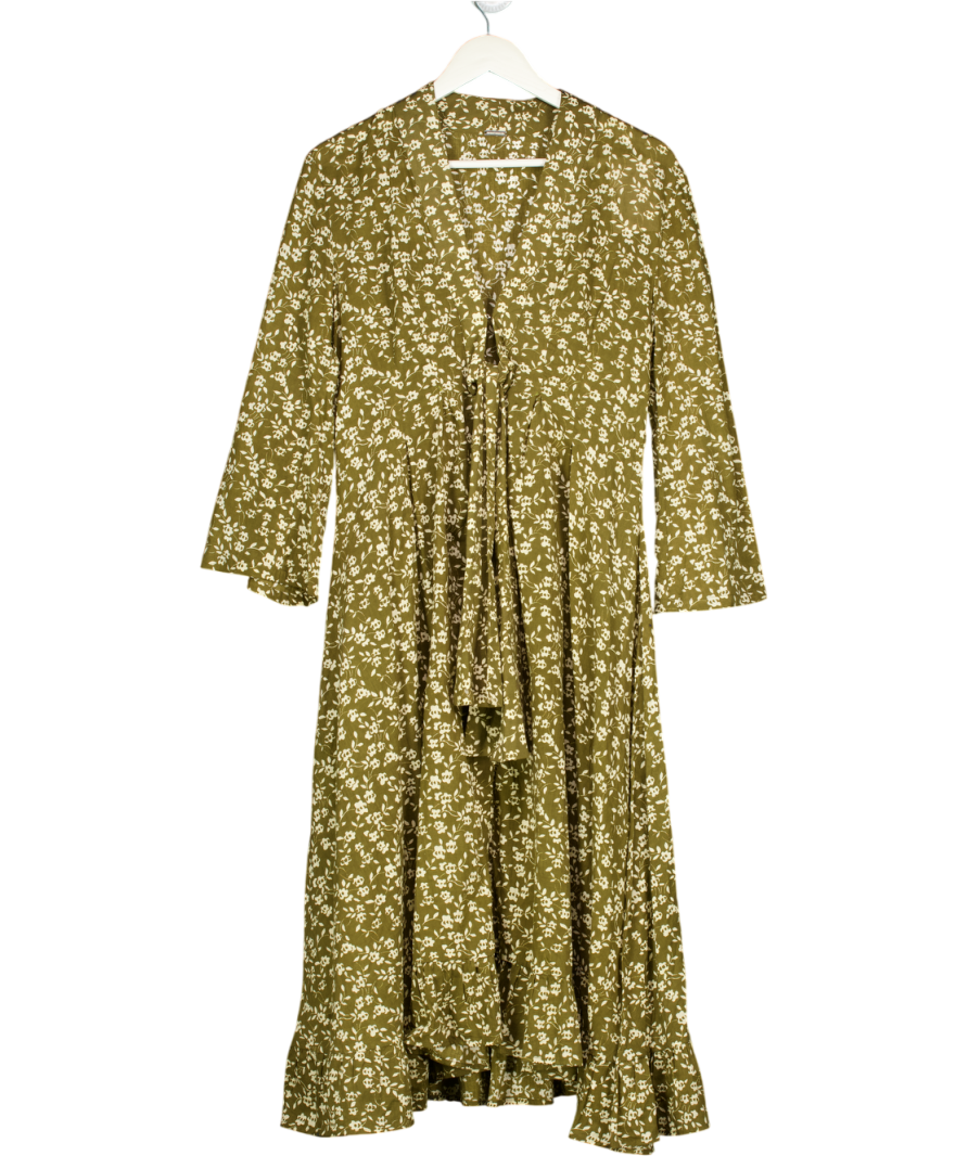 DODO BAR OR Olive Green / Cream Floral Knot Front Midi Dress UK 12 Reliked DODO BAR OR Olive Green / Cream Floral Knot Front Midi Dress UK 12 Reliked