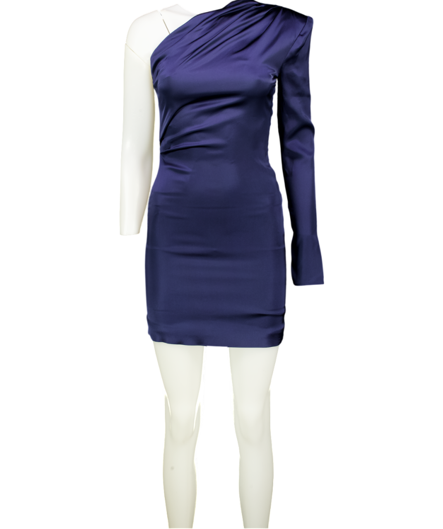 GAUGE81 Navy Blue Satin One Shoulder Mini Dress UK XS