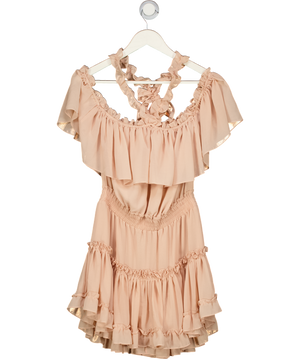 MISA Los Angeles Nude Pink Ruffle Trim Tie Neck Tiered Mini Dress UK S