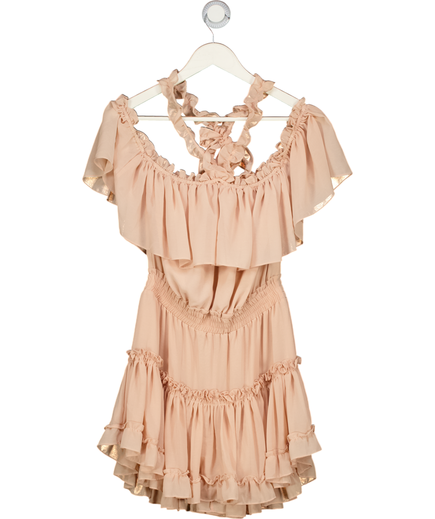 MISA Los Angeles Nude Pink Ruffle Trim Tie Neck Tiered Mini Dress UK S