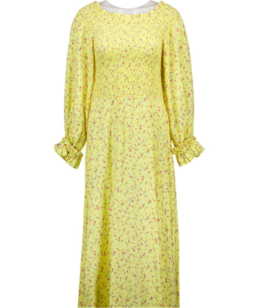 ROTATE BIRGER CHRISTENSEN Lemon Yellow Ditsy Floral Shirred On/ Off The Shoulder Viscose Maxi Dress UK 14