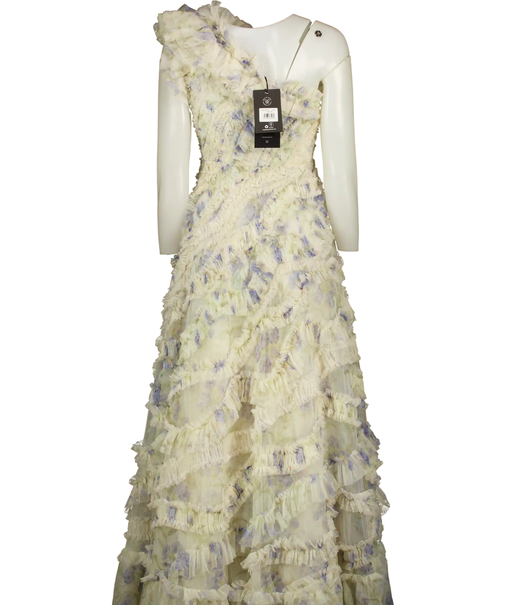 NEEDLE & THREAD Summer Posy Aaliyah One-shoulder Gown Cream Blue UK 8
